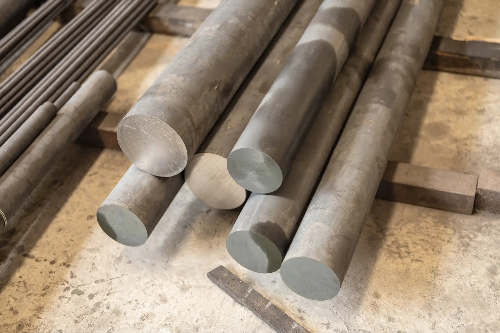 Arialloy nickel alloy round rod cut ends on workshop floor