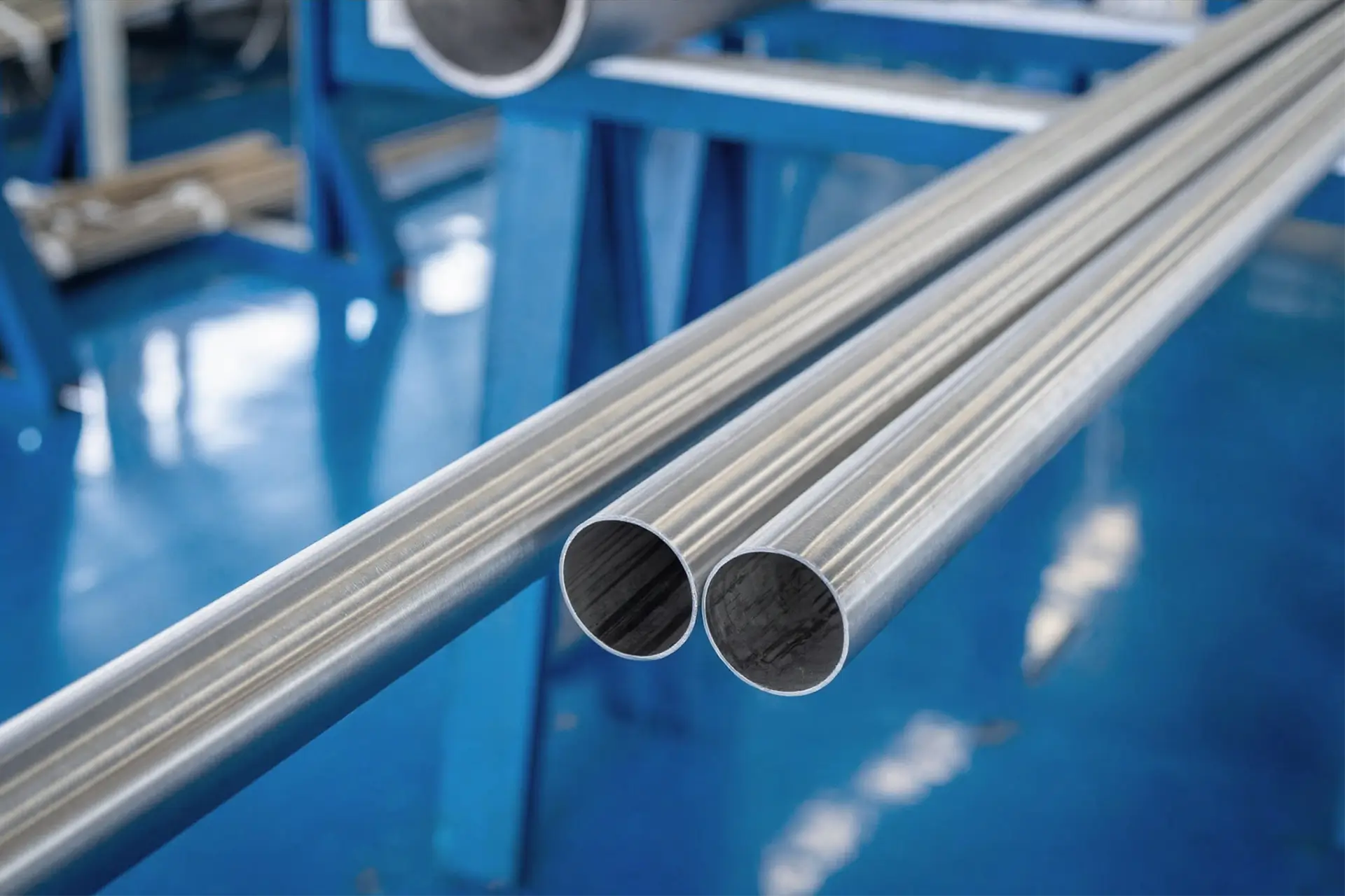 seamless pipe from nickel alloy manufacturer arialloy two polished pipes on inspection line